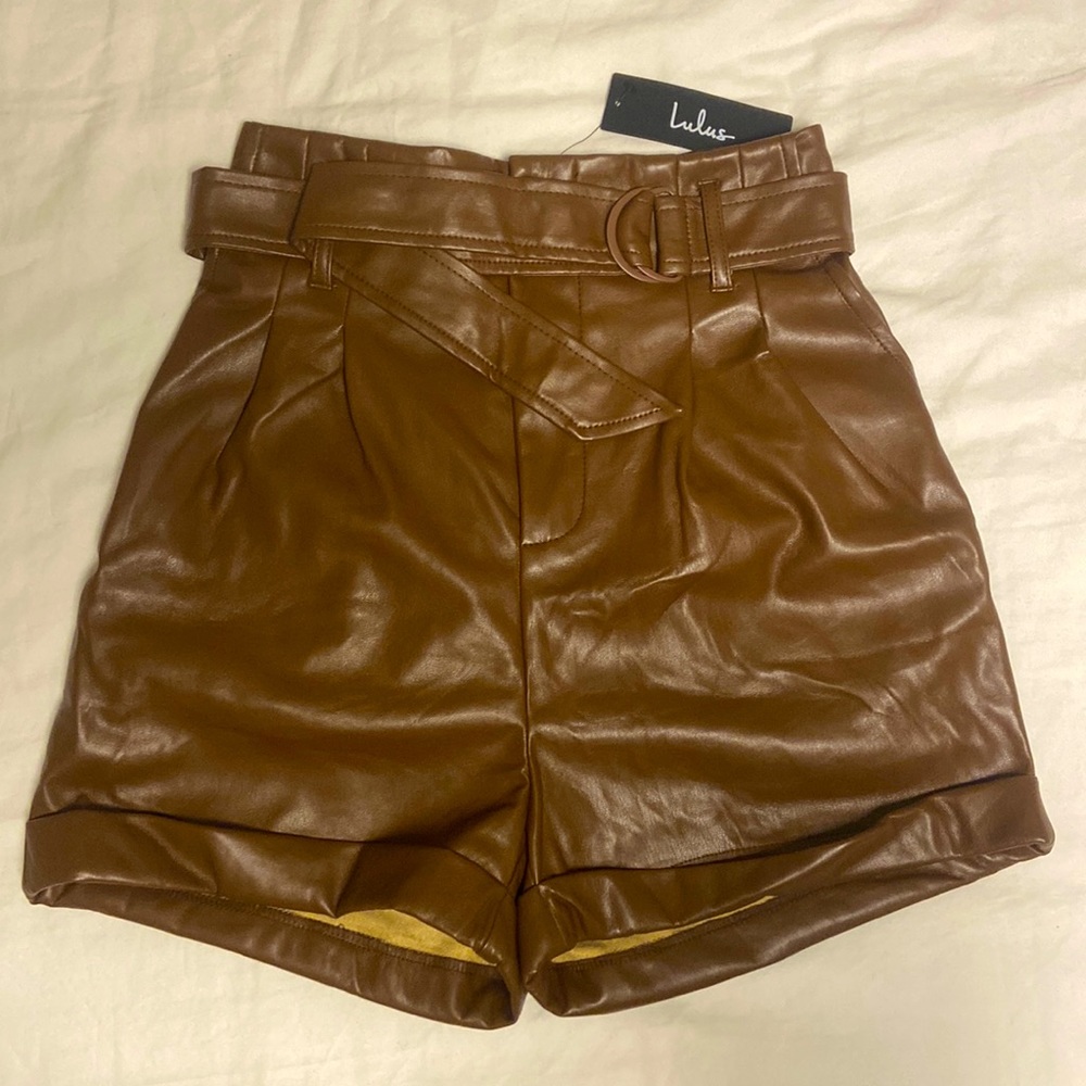 Lulu’s • Take a Ride Brown Vegan Leather Paperbag Waist Shorts